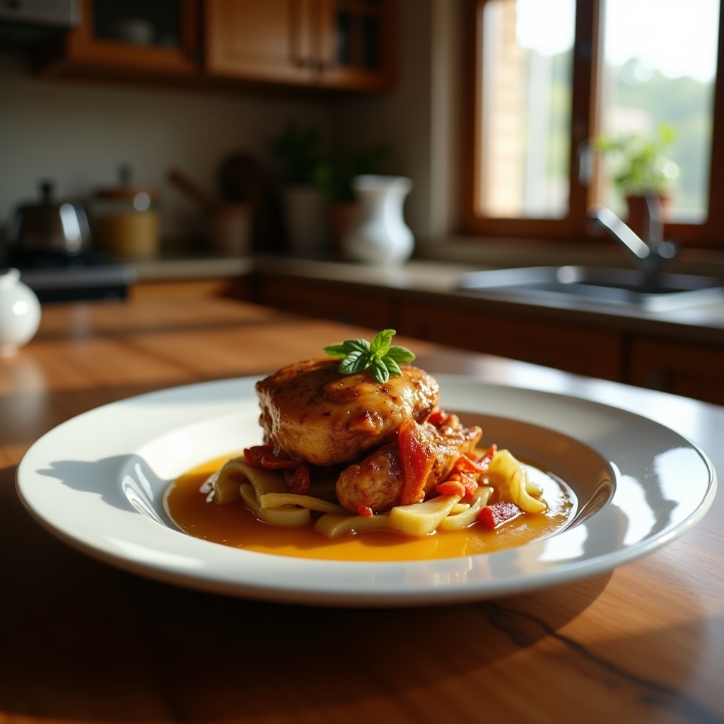 Pollo asado al pimentón y miel sobre un lecho de cebolla confitada, lista para servir