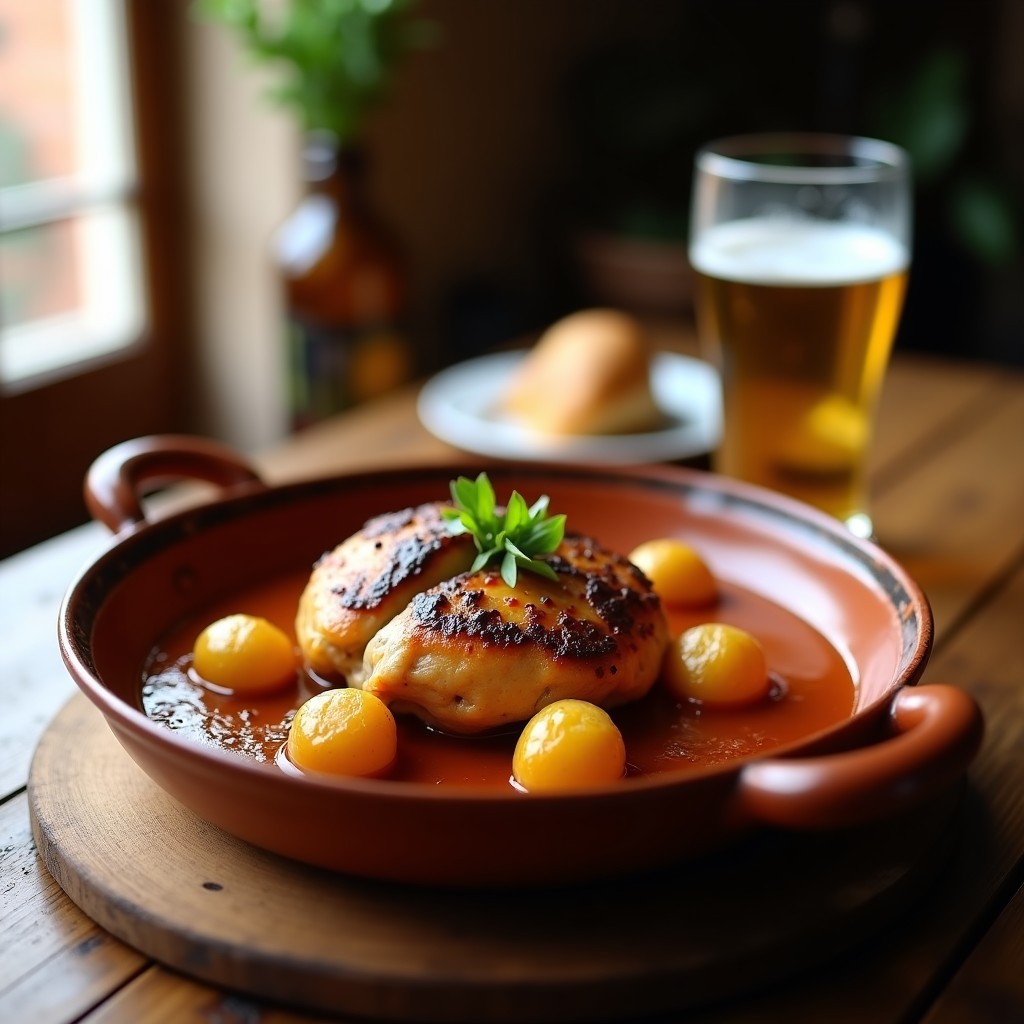 Pollo a la cerveza con patatas confitadas, receta tradicional fácil y jugosa