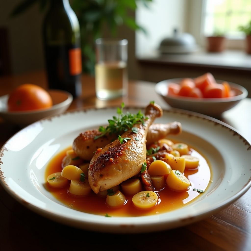 Foto de un plato de pollo con salsa cremosa de champiñones y Jerez, listo para servir, con champiñones frescos laminados y perejil fresco picado para decorar.