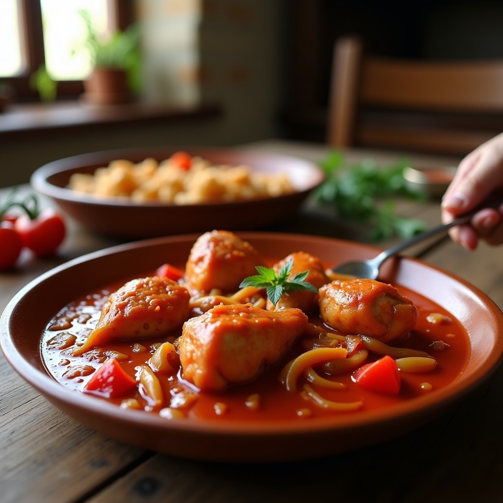 Foto de un plato de pollo al chilindrón aragonés, con pimientos y jamón serrano, servido en una fuente de cerámica. Pollo al chilindrón
