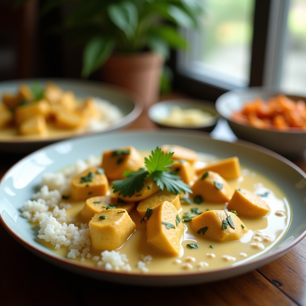 Foto de un plato de pollo al curry cremoso con leche de coco, decorado con cilantro fresco y servido con arroz blanco. Pollo al curry cremoso