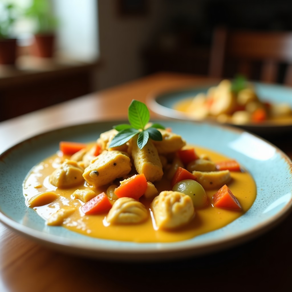 Pollo al curry cremoso con leche de coco y verduras, lista para servir, con un fondo de madera y un toque de hierbas frescas