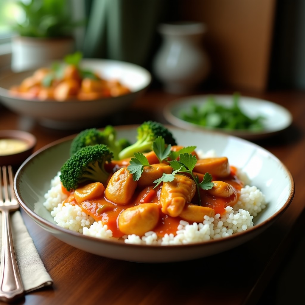 Foto de un plato de pollo al curry con leche de coco y brócoli, con ingredientes frescos y una presentación apetitosa. Pollo al curry con leche de coco y brócoli