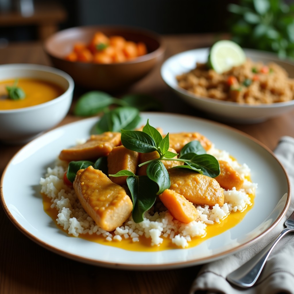 Pollo al curry con leche de coco y espinacas en un plato, lista para servir, receta fácil y rápida
