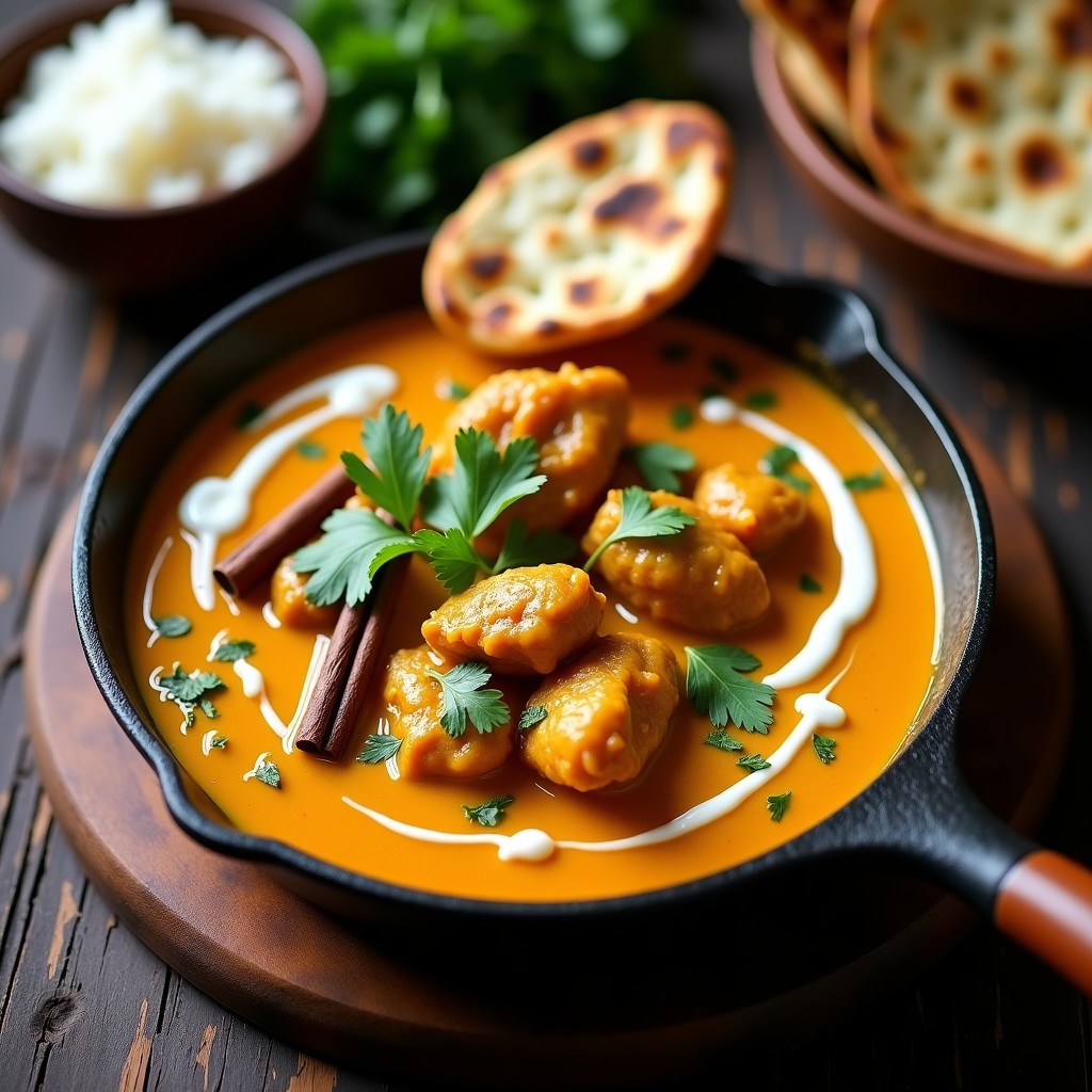 Pollo al Curry Masala Cremoso en una sartén, lista para servir, con especias aromáticas y leche de coco, receta india fácil y rápida