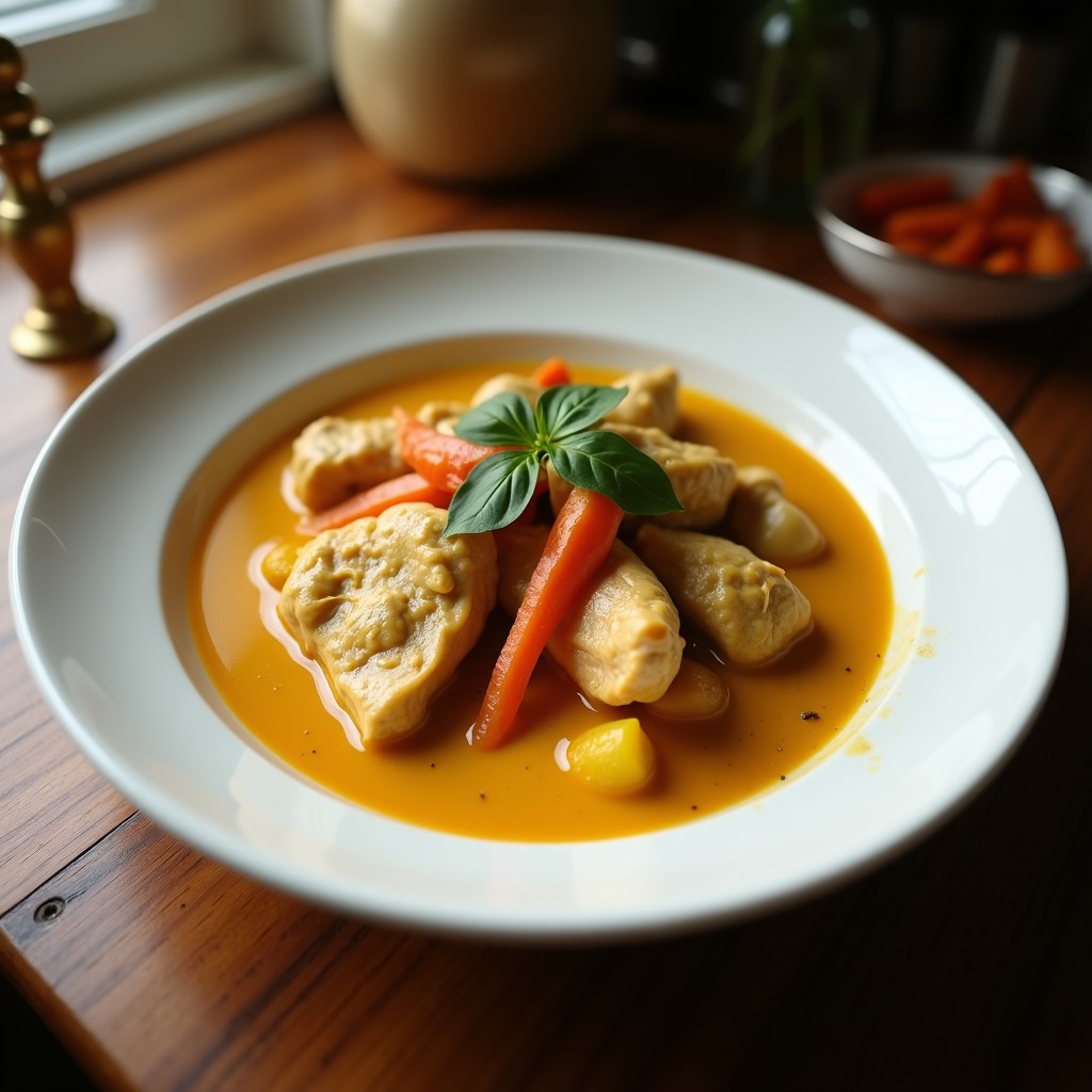 Pollo al curry rojo cremoso con leche de coco y verduras, receta tailandesa fácil y saludable