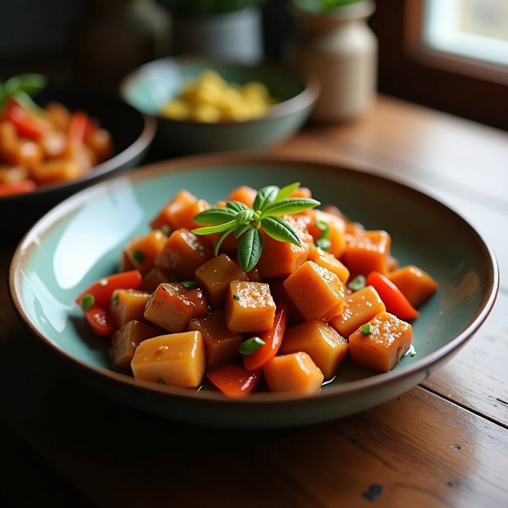 Foto de un plato de Pollo Kung Pao casero con pollo jugoso, cacahuetes crujientes y salsa agridulce picante