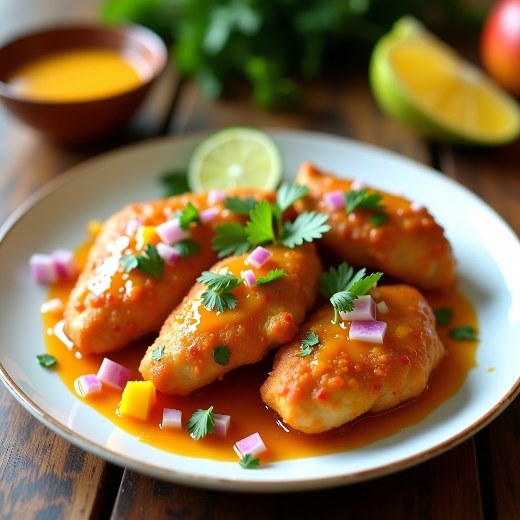 Plato blanco con pollo al mango y chile habanero en airfryer sin aceite, dorado y glaseado, acompañado de rodajas de lima y hojas de cilantro fresco sobre fondo de madera rústica.