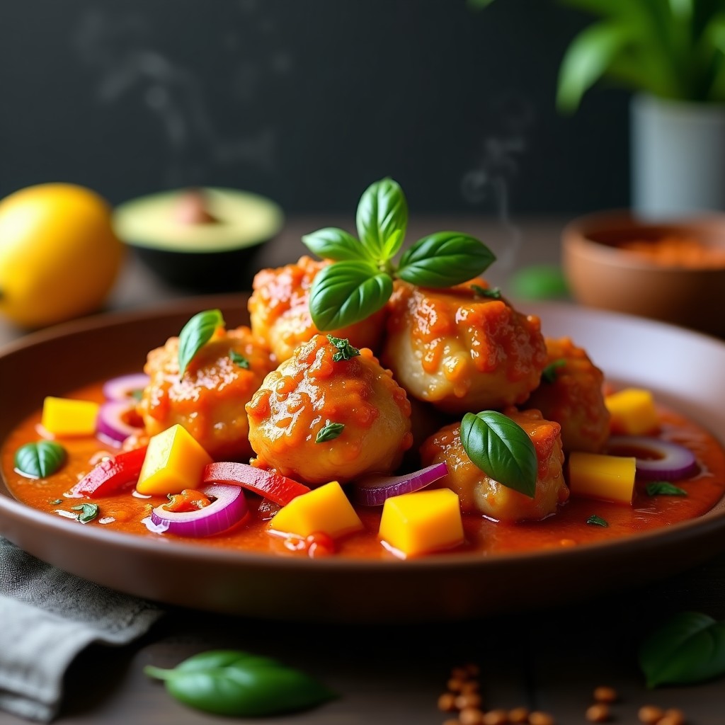 Plato de **Pollo al Mango y Curry Rojo** en Airfryer: trozos dorados de pollo glaseados con salsa de curry rojo, acompañados de cubos de mango caramelizado, cebolla morada y pimiento rojo, decorado con hojas de albahaca tailandesa sobre un fondo rústico.