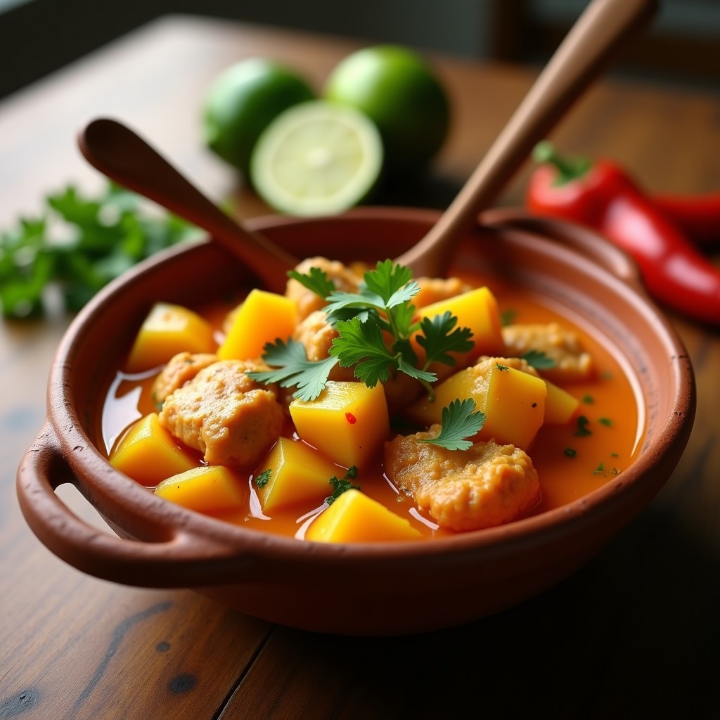 Plato hondo de cerámica blanca con pollo al mango y habanero en salsa espesa, trozos de mango fresco, chile habanero en juliana y anacardos tostados. Decorado con hojas de cilantro y servido sobre una mesa de madera rústica con fondo de cocina caribeña.