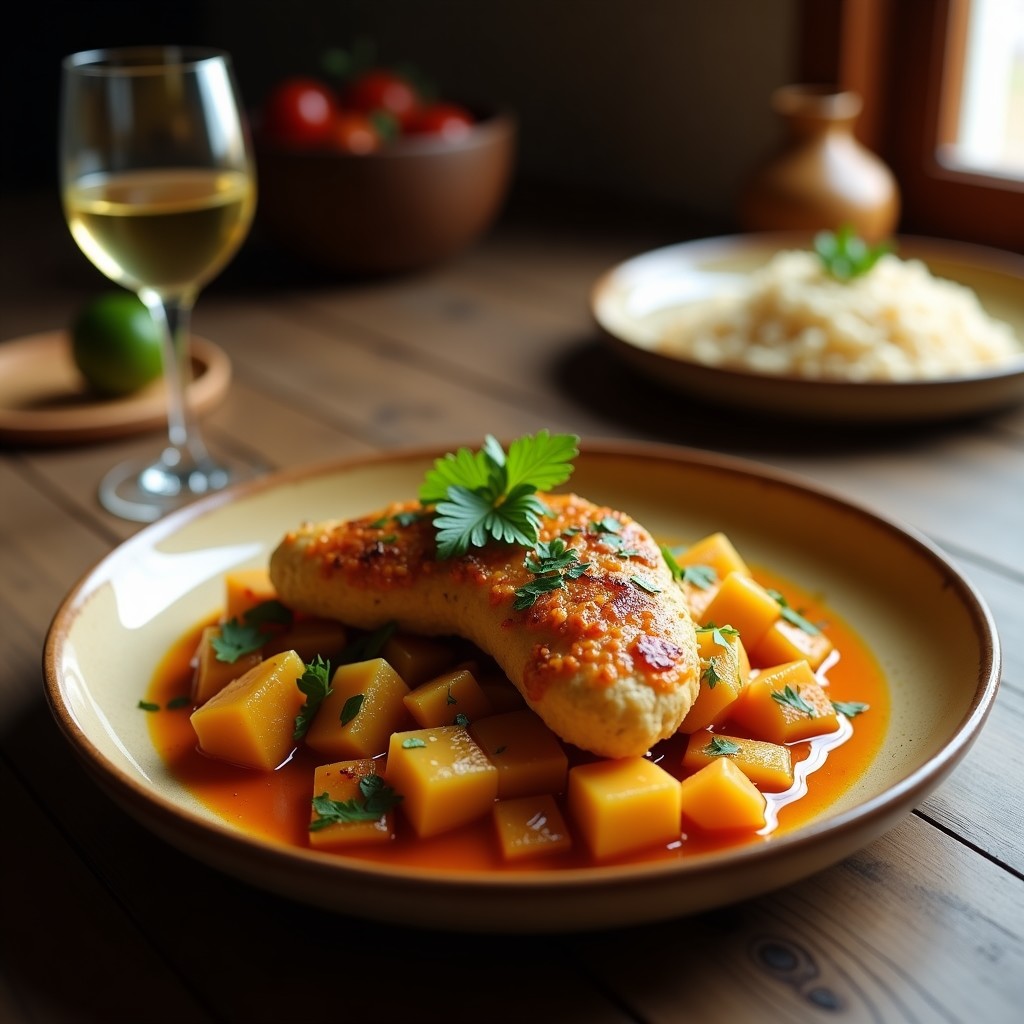 Foto de un plato de pollo a la mantequilla indio cremosa y auténtica, con especias y hierbas frescas, lista para servir