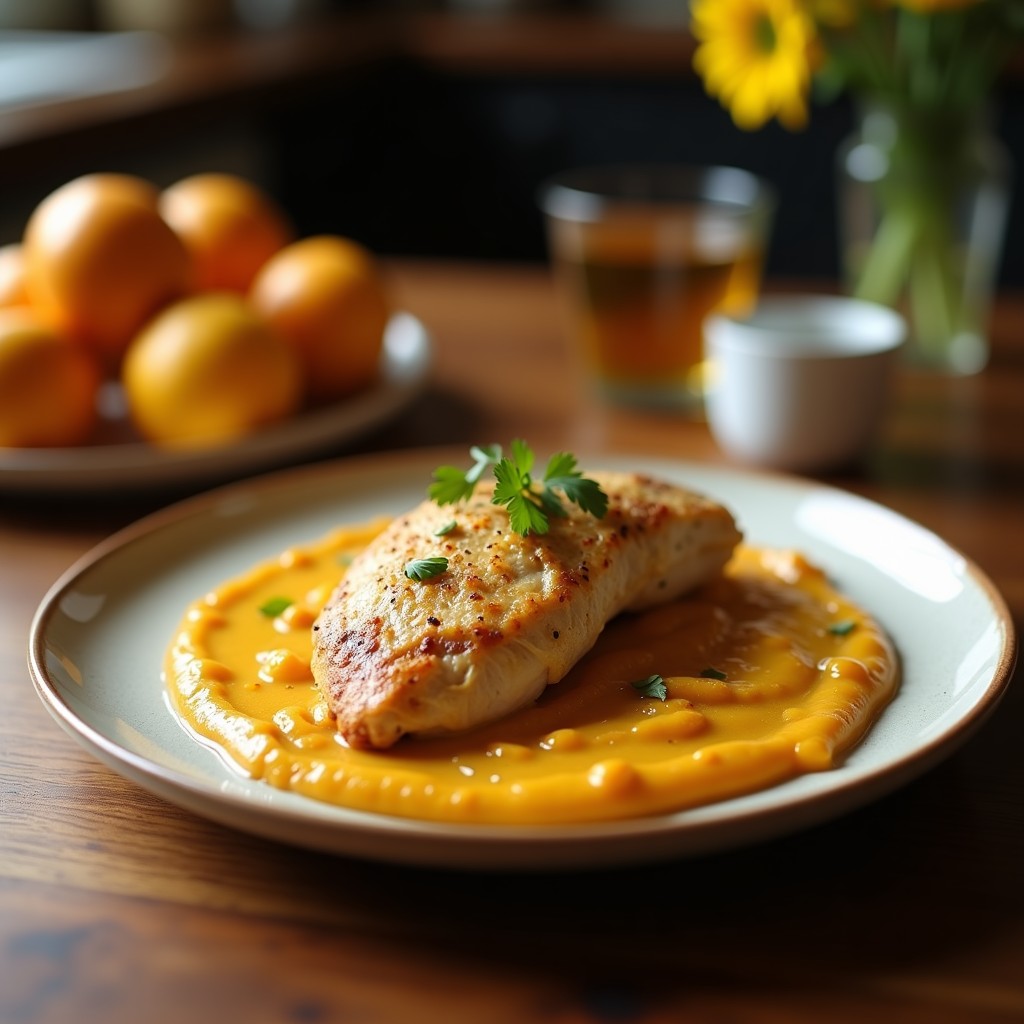 Plato hondo de barro con muslos de pollo al sidrín glaseados, bañados en salsa oscura y espesa, servidos sobre un puré de manzana reineta cremoso y dorado, decorado con una rama de romero fresco. Receta asturiana tradicional en olla lenta.