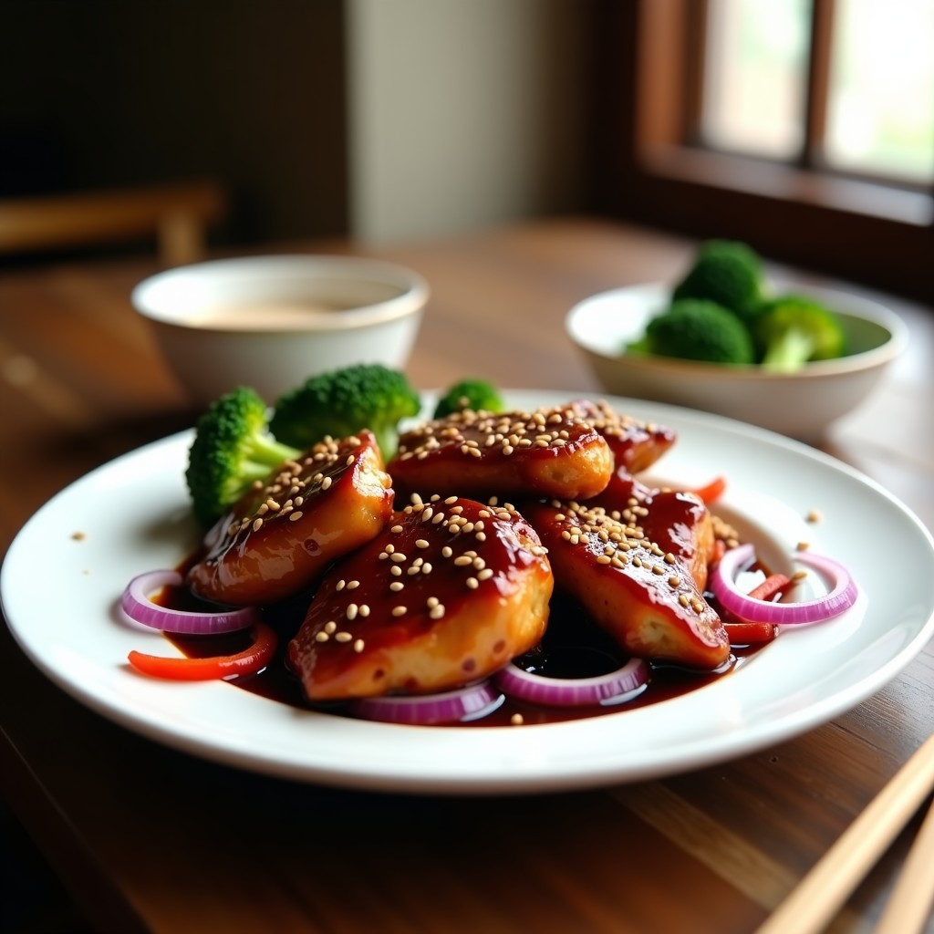 Plato de pollo teriyaki casero sin azúcar, trozos de pollo dorado bañados en salsa teriyaki brillante, acompañado de cebolla morada y pimiento rojo salteados, espolvoreado con semillas de sésamo tostadas.