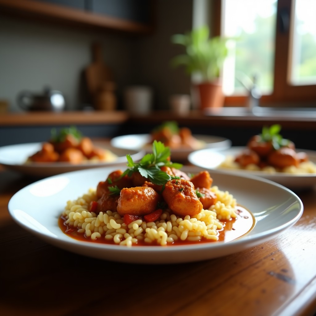 Foto de un plato de Pollo Tikka Masala casero, con pollo marinado y salsa cremosa, listo para servir