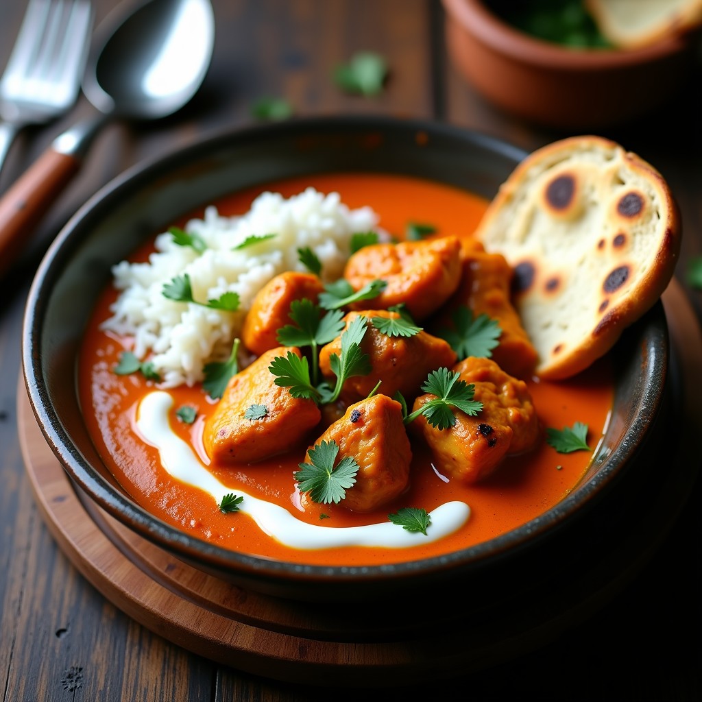 Foto de un plato de Pollo Tikka Masala casero cremoso y aromático, con cilantro fresco y arroz blanco al fondo. Pollo Tikka Masala