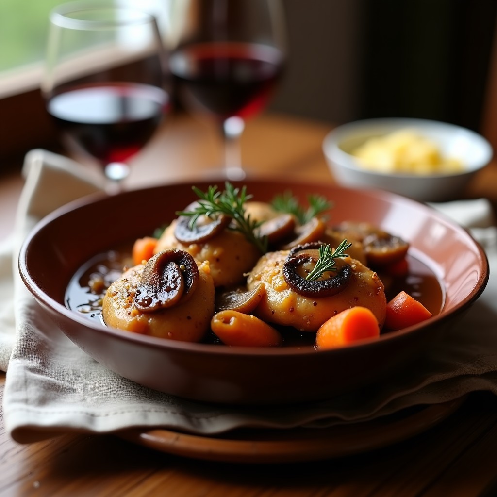 Pollo al Vino Tinto y Champiñones: Estofado Francés en Olla Lenta y Reconfortante