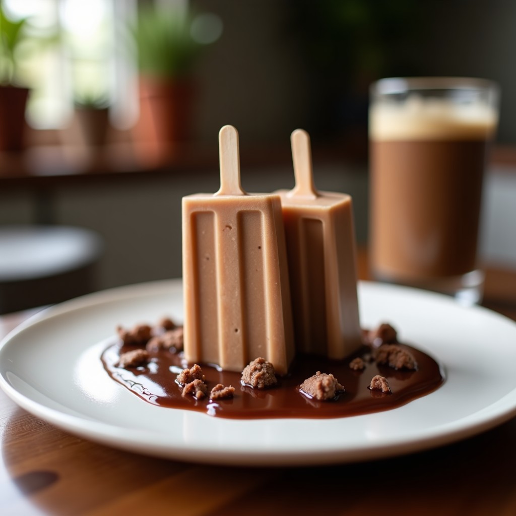 Popsicles de café frío keto con capas visibles de cacao oscuro y semillas de chía, servidos en moldes transparentes sobre una tabla de madera rústica con granos de café esparcidos y hojas de menta.