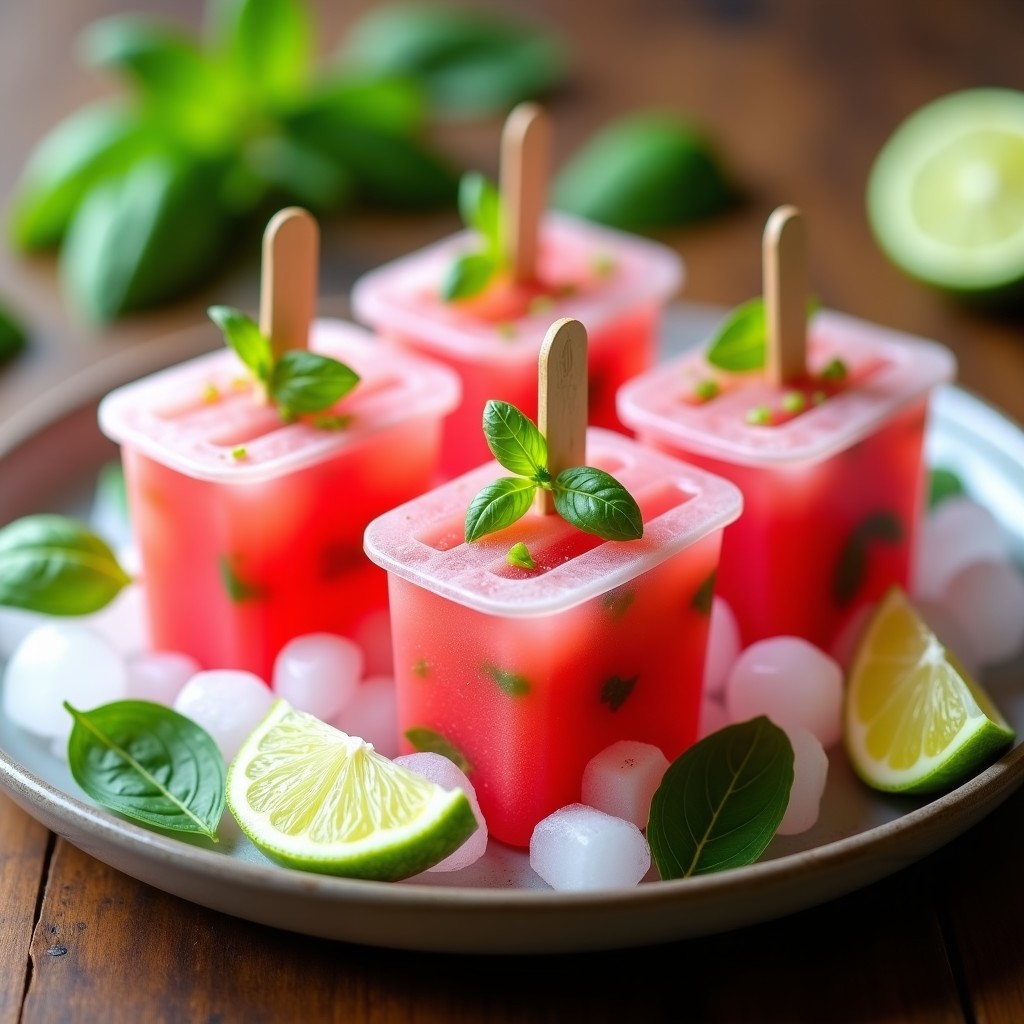 Popsicles de sandía, albahaca y limón verde en moldes transparentes, con un tono rosado vibrante y hojas de albahaca fresca como decoración. Postre fresco y sin azúcar para el verano.