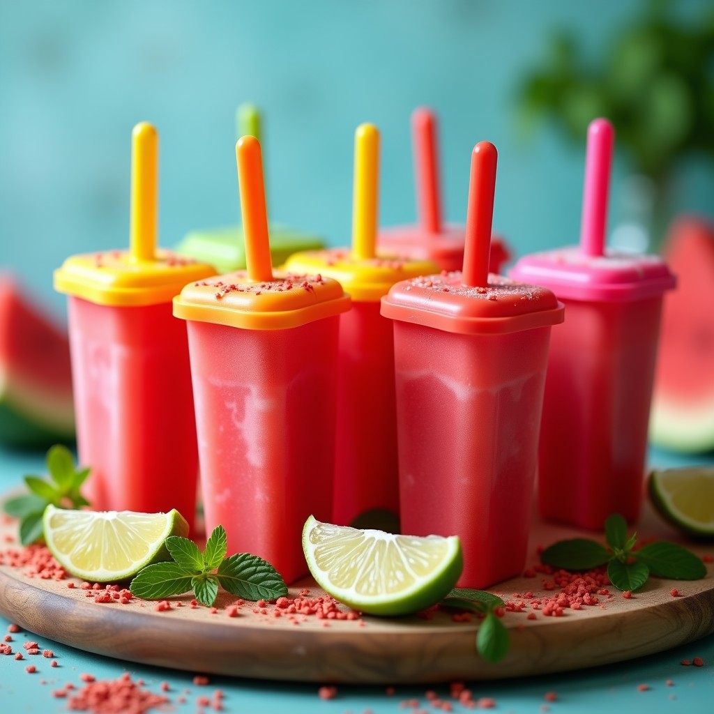 Popsicles de sandía y mentolado con Tajín en moldes de colores, espolvoreados con polvo rojo y blanco, sobre una bandeja de madera con hojas de menta y rodajas de limón verde al fondo.