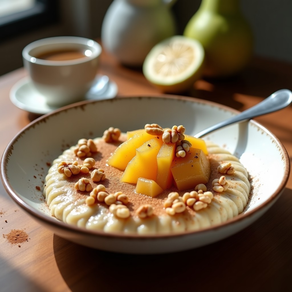 Bol hondo de cerámica blanca con porre cremoso de trigo sarraceno, cubierto con compota de higo chumbo de color morado intenso y nueces doradas picadas. Fondos de madera rústica y una cuchara de madera. Desayuno sin gluten y sin lácteos.