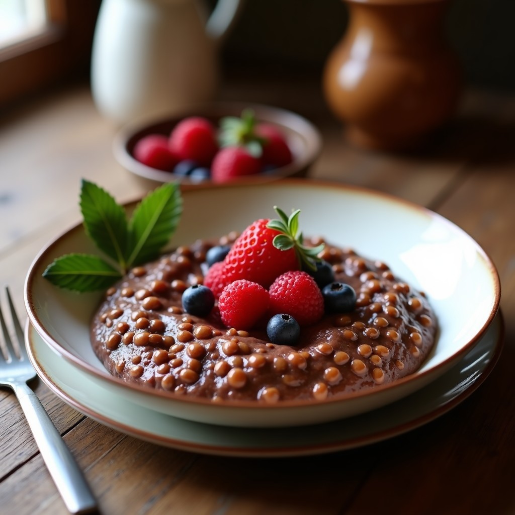 Bol hondo de cerámica blanca con porridge de amaranto y cacao, coronado con frutos rojos frescos, almendras fileteadas y coco rallado. Textura cremosa y color oscuro con toques vibrante de los toppings.