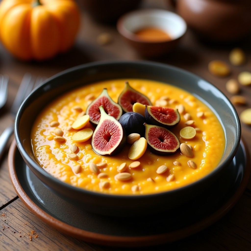Bol de cerámica oscura con porridge cremoso de amaranto y puré de calabaza, espolvoreado con especias morunas, semillas de calabaza tostadas y trozos de higo negro. Fondo rústico con textura de madera y especias dispersas.