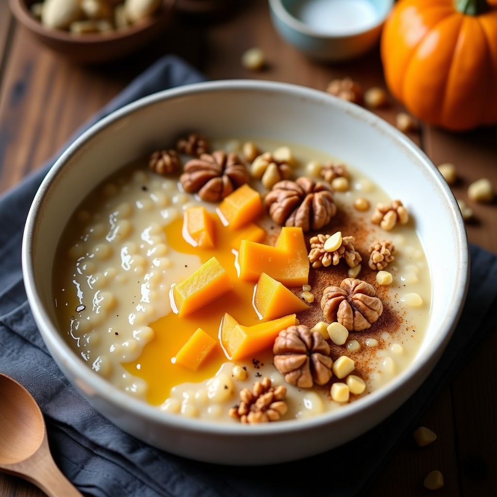 Bol de cerámica blanco con porridge espeso de amaranto y calabaza, coronado con nueces picadas y un espolvoreado de especias chai. Textura cremosa y color dorado anaranjado, servido con una cuchara de madera sobre fondo rústico.