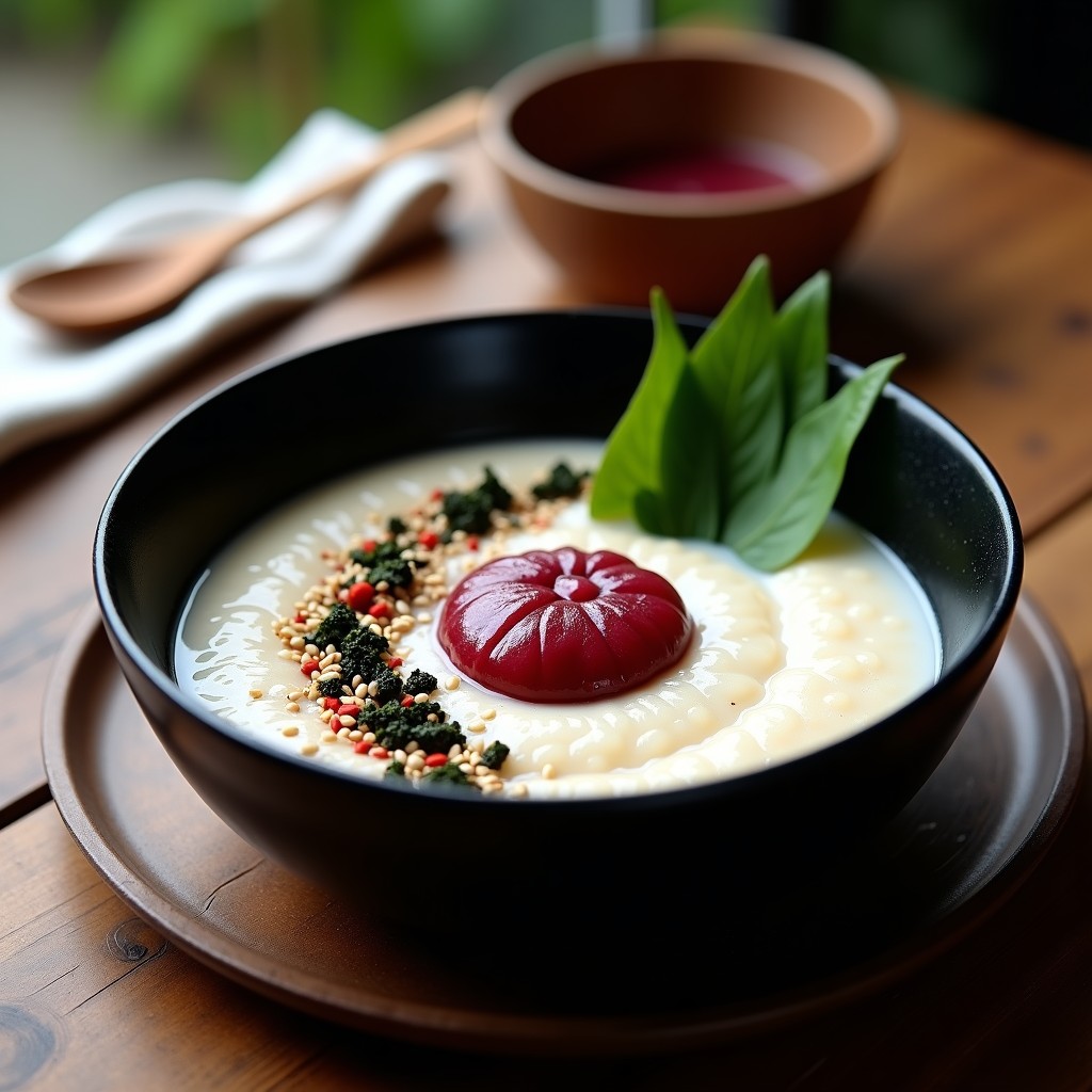 Bol de cerámica negra con porridge de amaranto cremoso, compota de ciruela umeboshi en el centro, espolvoreado con semillas de sésamo, algas nori y pimienta shichimi togarashi, decorado con hojas de shiso, sobre una mesa de madera con utensilios japoneses.
