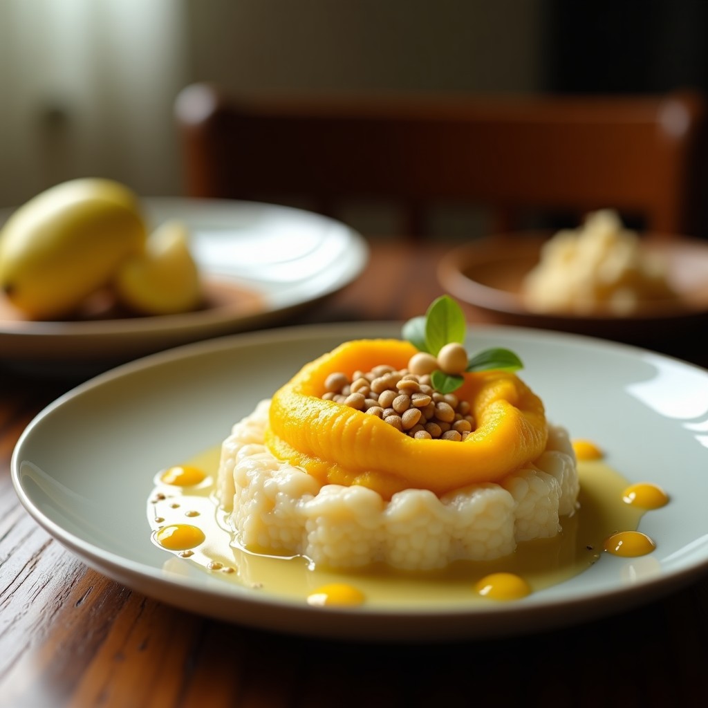 Bol de cerámica blanca con porridge de amaranto cremoso de color beige, cubierto con puré de durian amarillo pálido, semillas de chía negras y coco rallado. Fondo con hojas de limón kaffir y rodajas de durian fresco. Desayuno del sudeste asiático rico en omega-3.