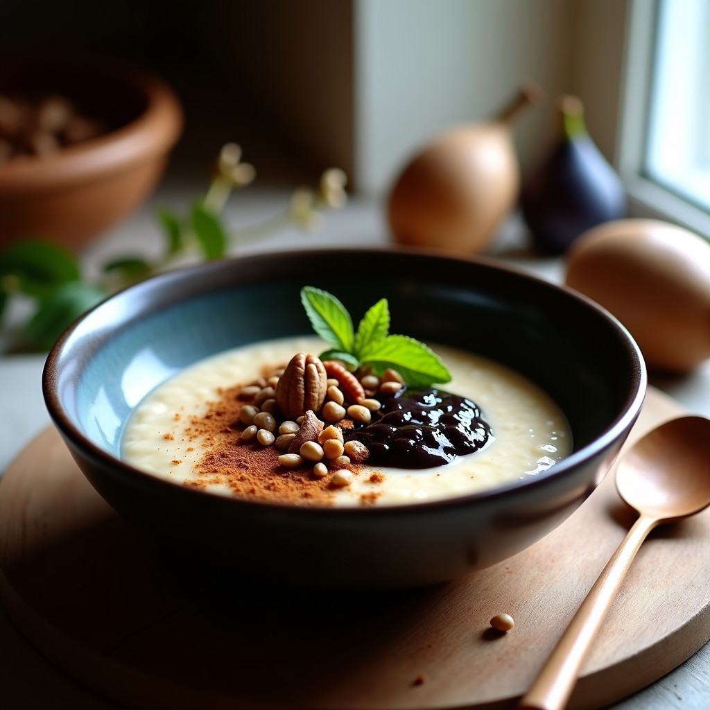 Bol hondo de cerámica oscura con porridge cremoso de amaranto, cubierto de compota brillante de higo negro y espolvoreado de canela. Acompañado de nueces pecanas tostadas y hojas de menta fresca sobre fondo rústico de madera.