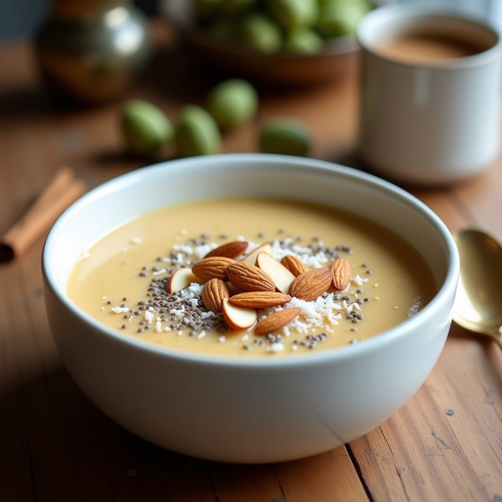 Cuenco de cerámica blanca con porridge de amaranto y leche de cardamomo, cremoso y dorado, decorado con almendras tostadas y un toque de cúrcuma. Plato ayurvédico sin lácteos servido sobre una mesa de madera rústica con hojas de cardamomo al lado.