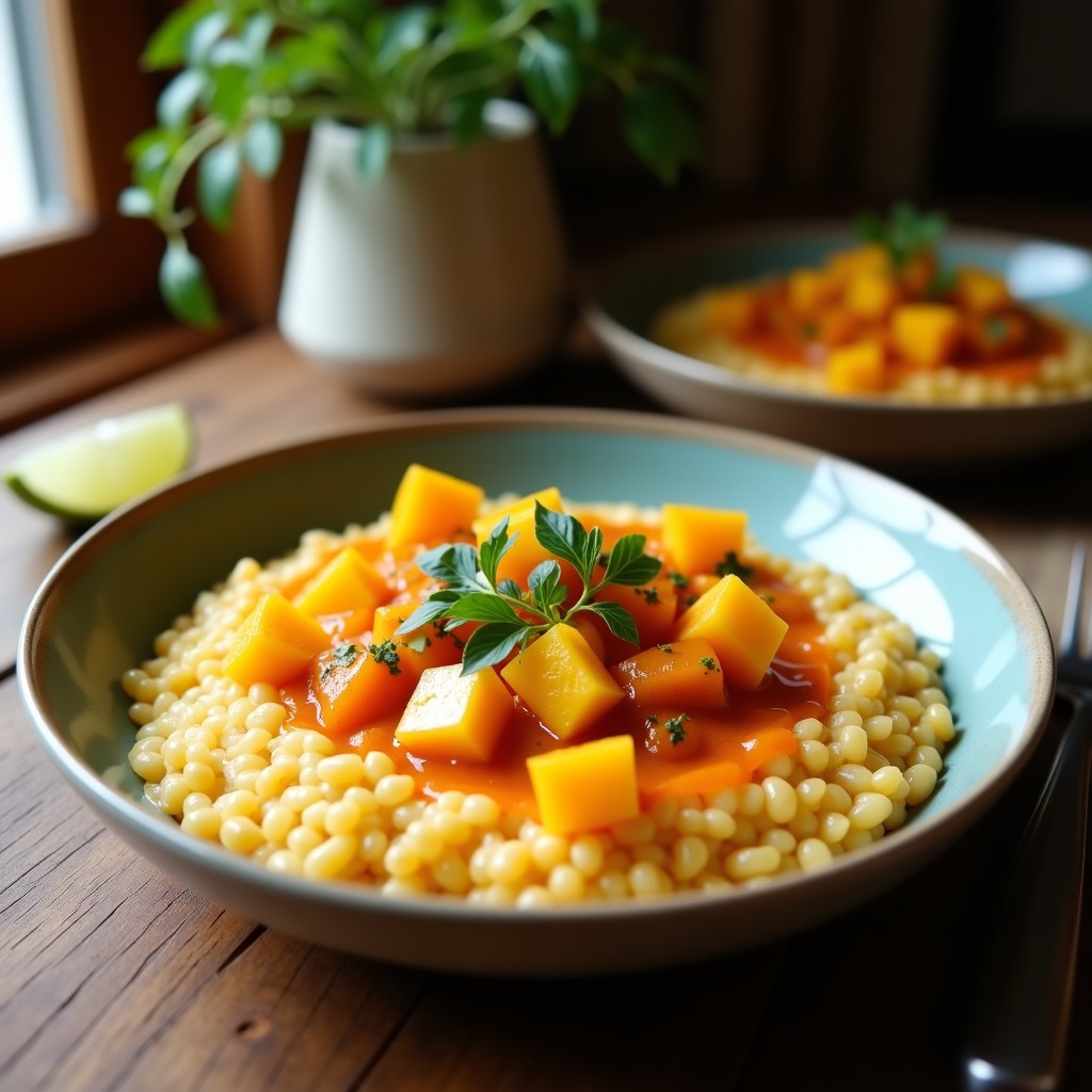 Cuenco de porridge cremoso de amaranto con trozos de mango amarillo, chutney rojo de chile habanero en el centro, espolvoreado con semillas de sésamo y cilantro fresco. Desayuno indio picante y energético en fondo rústico de madera.