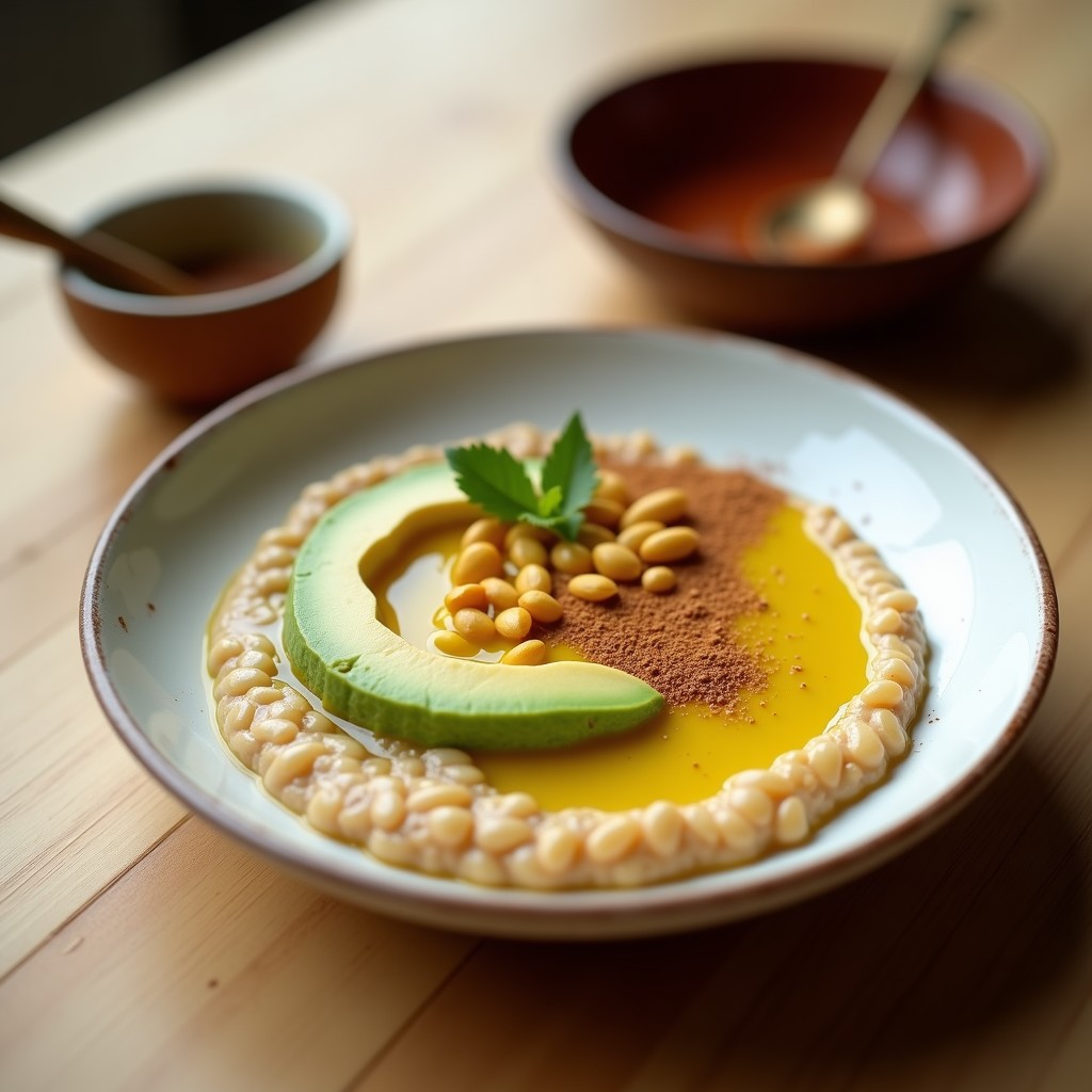 Bol hondo de cerámica blanca con porridge cremoso de amaranto, cubierto con una mezcla cremosa de aguacate y puré de maracuyá amarillo intenso, decorado con semillas de sacha inchi doradas y un toque de canela. Desayuno peruano keto saludable y nutritivo.