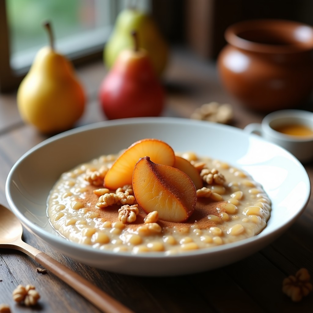 Bol de cerámica blanca con porridge de amaranto cremoso, coronado con pera asada caramelizada en gajos, espolvoreada con canela y nueces pecanas tostadas. Fondo de madera rústica con cuchara de madera.