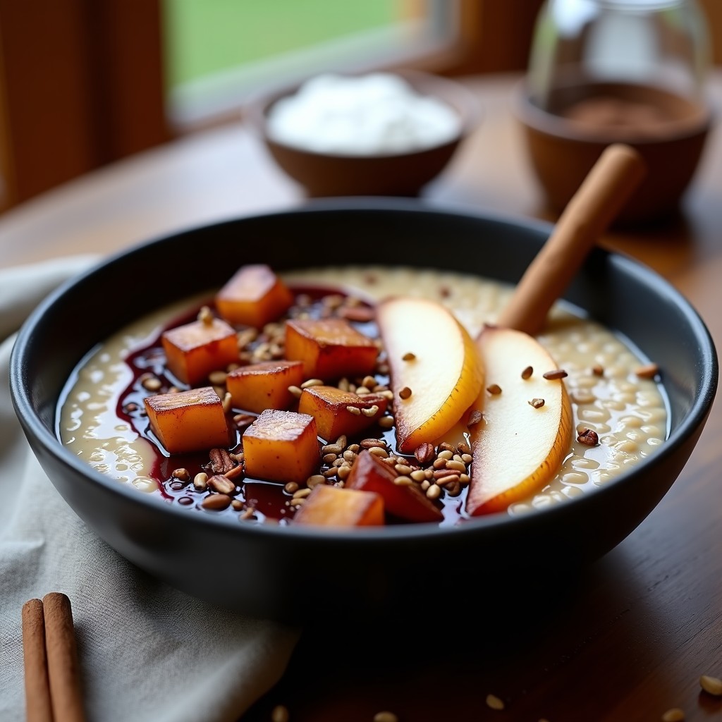 Cuenco de cerámica negra con porridge cremoso de amaranto, peras caramelizadas en salsa de vino tinto y canela en rama. Decorado con nueces pecanas tostadas, semillas de chía y rodajas de pera. Fondo rústico con servilleta de lino.
