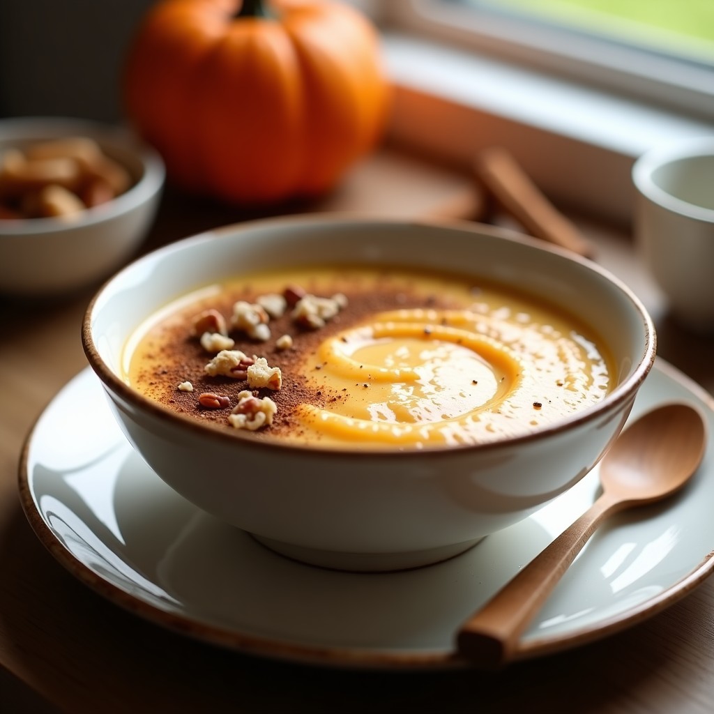 Bol de cerámica blanca con porridge de amaranto cremoso, puré de calabaza naranja y canela espolvoreada, decorado con nueces pecanas y semillas de chía. Desayuno keto y sin lactosa en un fondo rústico de madera.