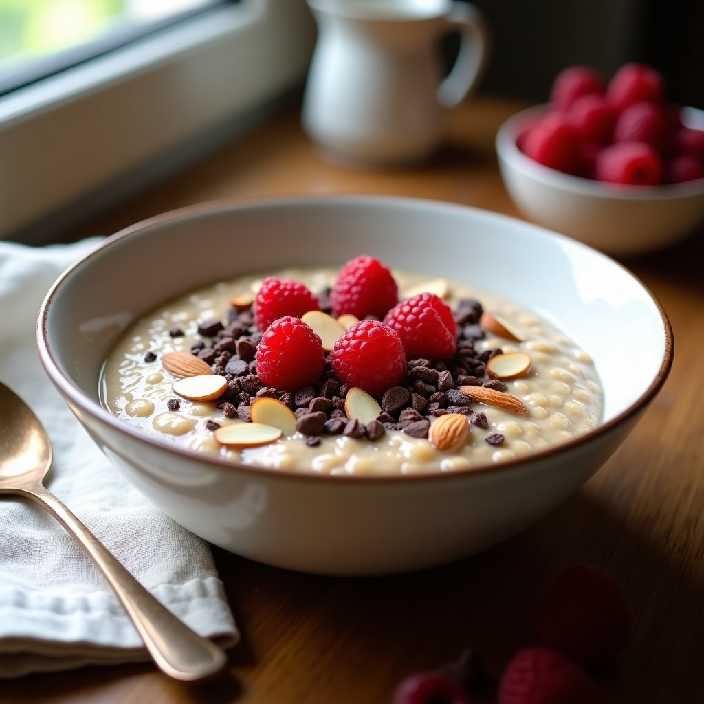 Bol de cerámica blanco con porridge de avena cremoso, decorado con cacao nibs, frambuesas frescas y almendras fileteadas, receta proteinada para desayunos energéticos.