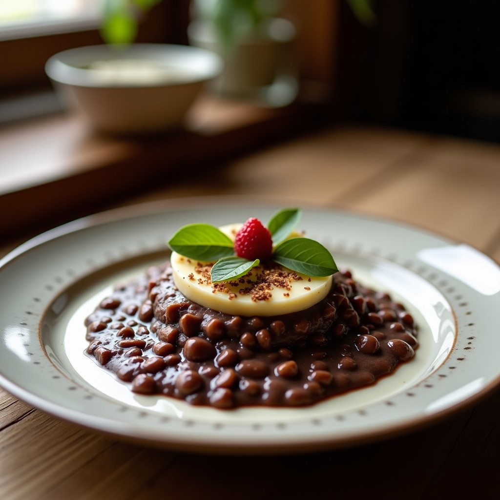 Bol de cerámica blanca con porridge de cacao y chía de color marrón oscuro, coronado con coco rallado tostado y almendras fileteadas. Textura cremosa y espesa, servido con una cuchara de madera. Fondo con ingredientes dispersos: semillas de chía, cacao en polvo y una ramita de canela.