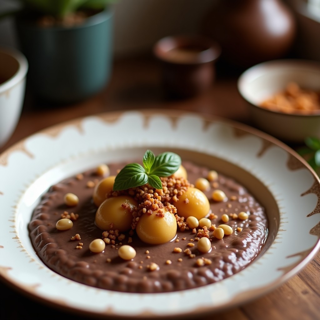 Bol de cerámica blanca con porridge cremoso de cacao y plátano macho, decorado con semillas de calabaza tostadas y un chorrito de leche de almendras. Plato vegano rico en magnesio sobre fondo rústico de madera.