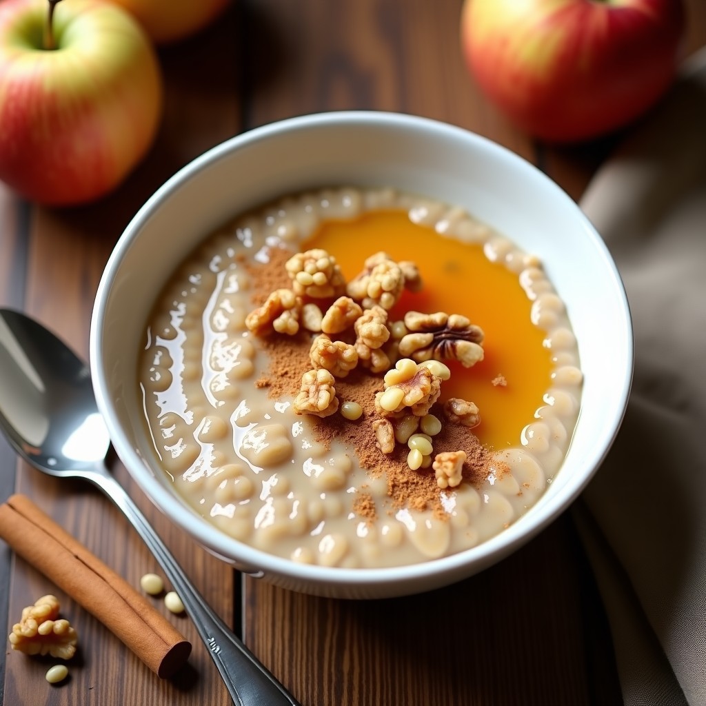 Bol de cerámica blanca con porridge cremoso de semillas de cáñamo, cubierto con compota de manzana dorada y nueces picadas. Desayuno alta en omega-3 sobre fondo de madera rústica.