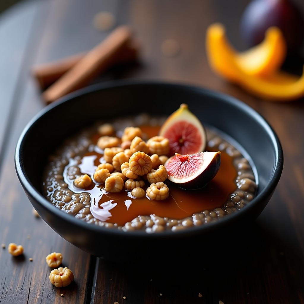 Bol de cerámica oscura con porridge de cebada negra cremoso, cubierto con compota de higos caramelizados y nueces tostadas picadas. Fondo rústico con una rama de canela y una cucharada de miel de romero al lado.