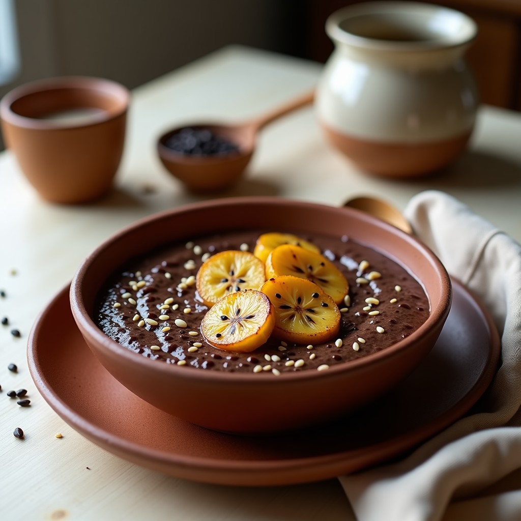 Porridge de chía y cacao en un bol rústico de barro, con textura cremosa y color oscuro, coronado con rodajas de plátano macho asado dorado y semillas de sésamo tostadas. Fondo de madera clara con una cucharita de madera y un paño de lino beige. Desayuno keto sin gluten.