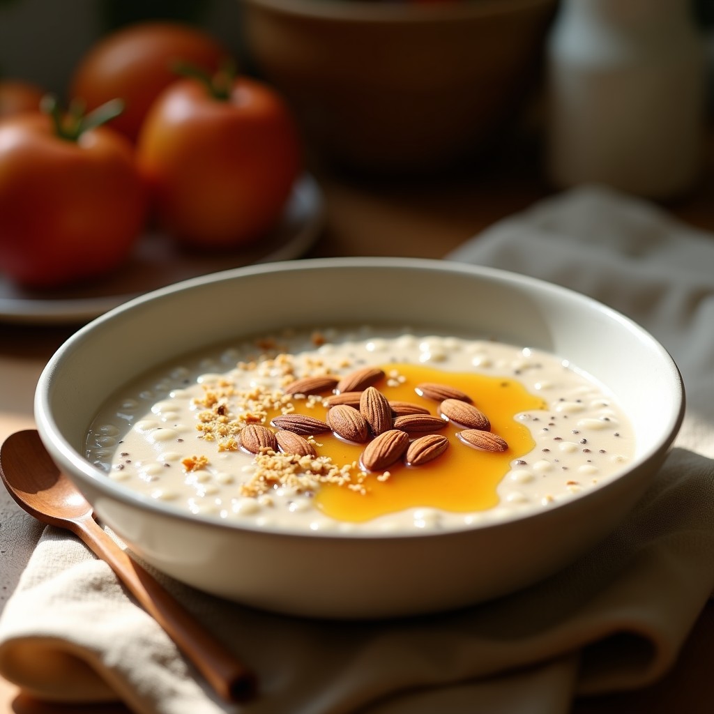Bol hondo de cerámica blanca con porridge de chía cremoso, bañado en leche de camello dorada, espolvoreado con canela y decorado con almendras tostadas y un hilo de miel de sidr. Fondo de tela de lino beige y cucharita de madera.