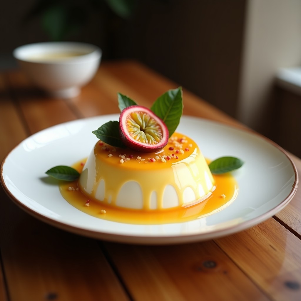 Bowl de porcelana blanca con porridge de chía cremoso, vetas de pulpa de fruta de la pasión y decoración de semillas de sésamo y coco rallado. Plato tropical sin lácteos sobre fondo de madera rústica con hojas de menta.