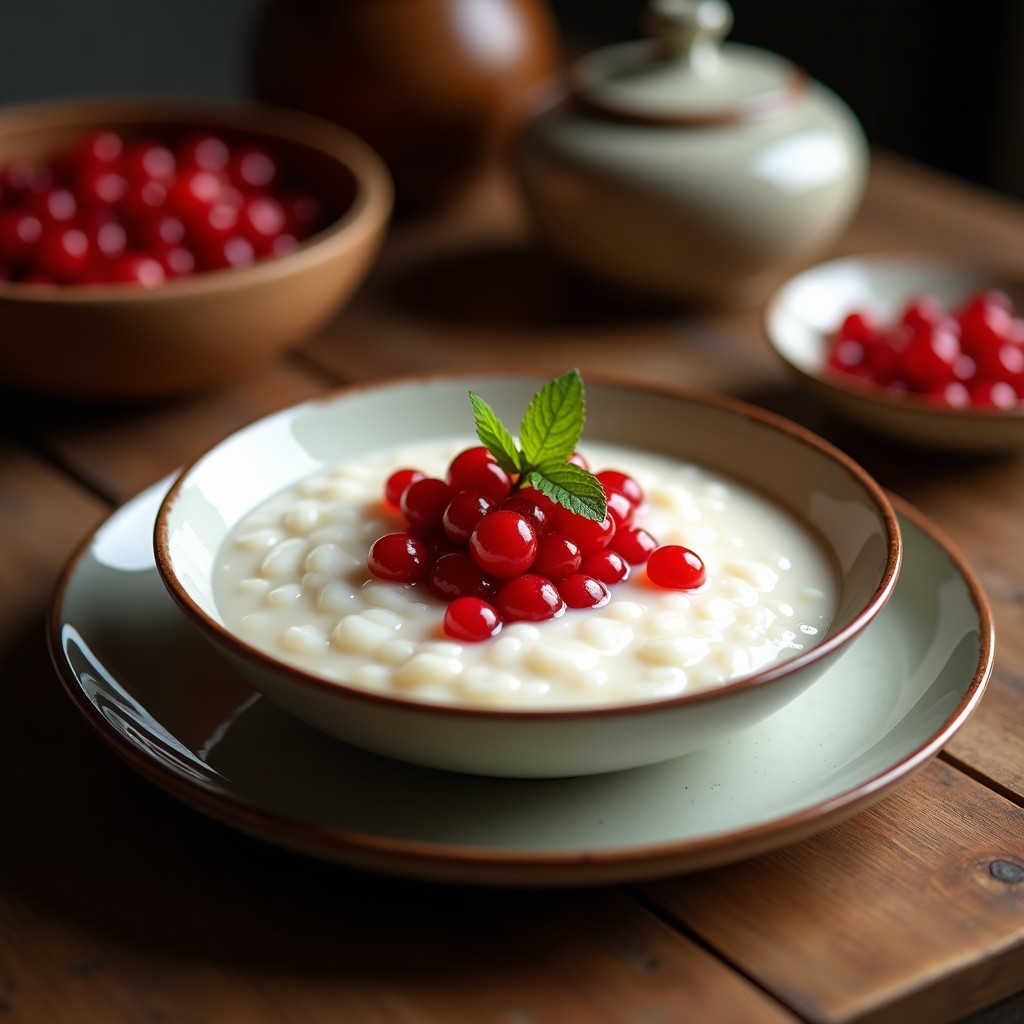 Bol de cerámica blanca con porridge de chía y leche de coco keto, textura cremosa y color beige claro, decorado con frutos rojos frescos (arándanos, frambuesas y fresas en rodajas), semillas de chía visibles, ralladura de limón y nueces pecanas picadas. Fondo neutro con luz natural.