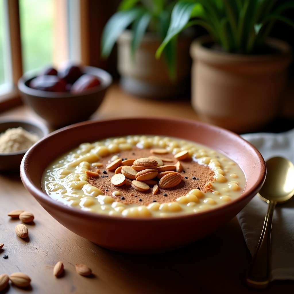 Bowl de barro con porridge de cuscús integral y dátiles, decorado con almendras fileteadas, semillas de sésamo negro y un toque de canela en polvo. Fondo rústico con especias marroquíes al lado.