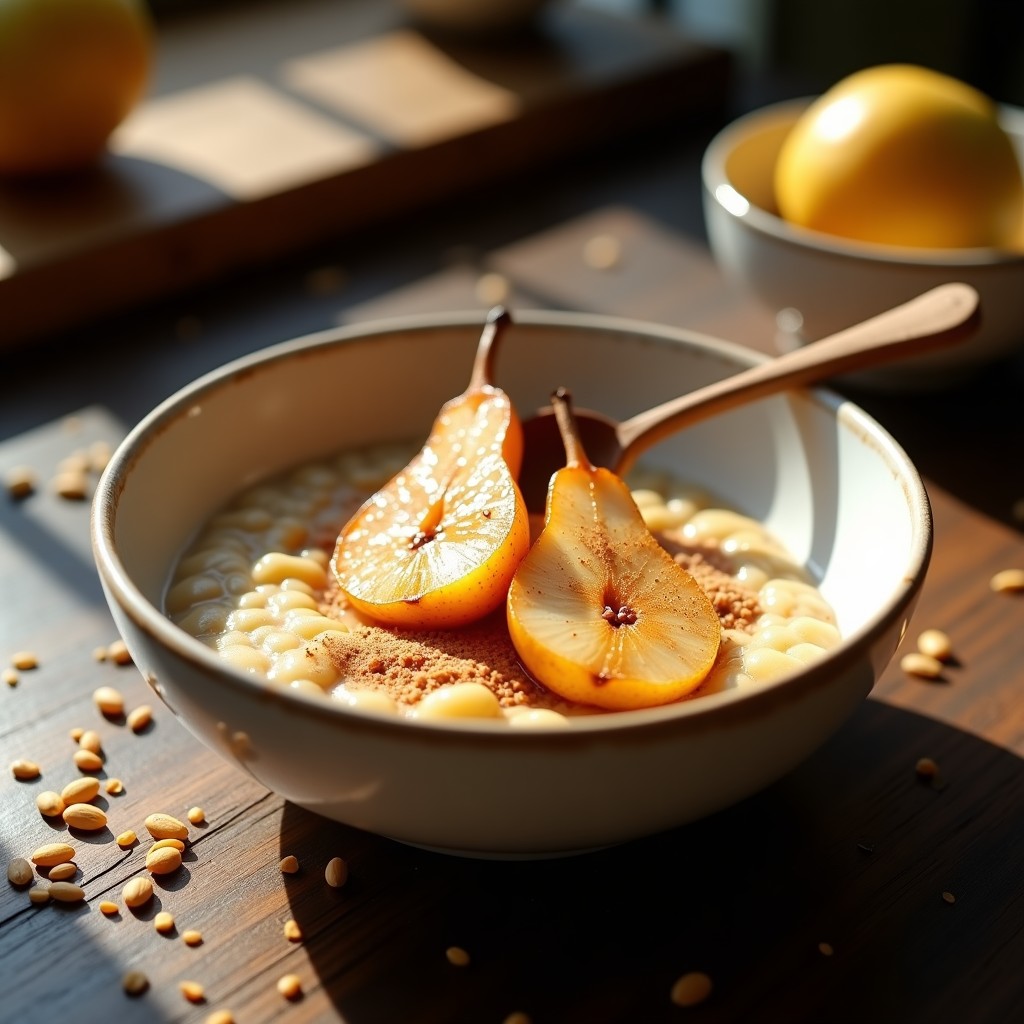 Porridge de Lino Dorado con Canela y Peras Asadas: Desayuno Keto Sin Gluten en 10 Minutos