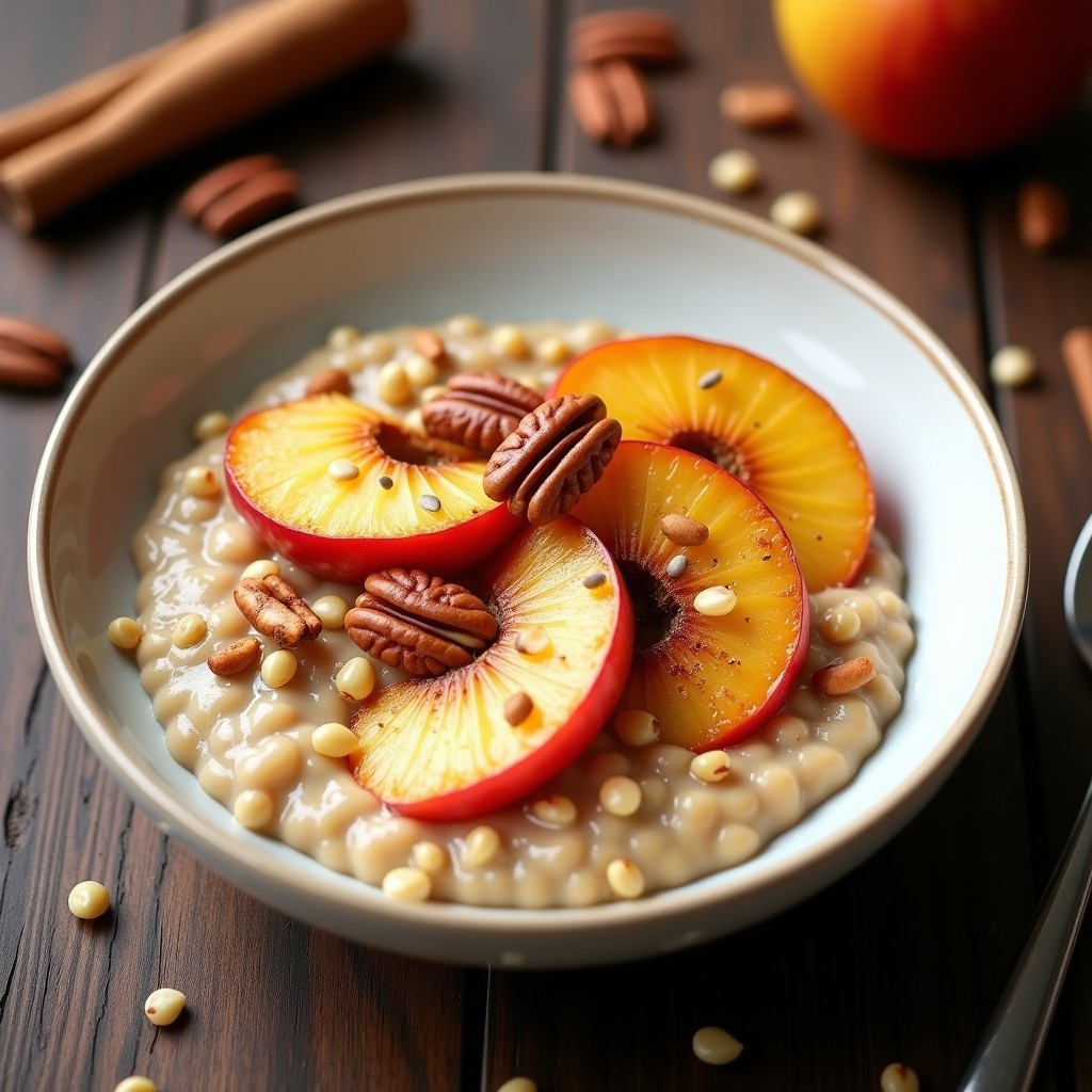 Bol de cerámica blanca con porridge de mijo cremoso, coronado con gajos de manzana asada dorada, nueces pecanas tostadas y semillas de chía, espolvoreado con canela en polvo sobre fondo de madera rústica.