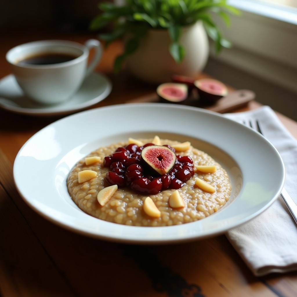 Bol de cerámica blanca con porridge de mijo cremoso, cubierto de compota de higos brillantes y almendras fileteadas, servido sobre una mesa de madera rústica con una cuchara de madera. Desayuno sin gluten y rico en magnesio.