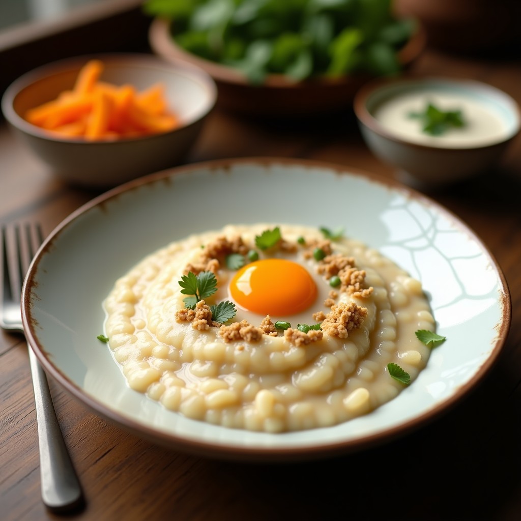 Bol de cerámica blanca con porridge de mijo cremoso, bañado en leche de coco, decorado con semillas de cardamomo, nueces de macadamia picadas y coco rallado tostado. Fondo de madera rústica con una cucharada de miel de agave al lado.